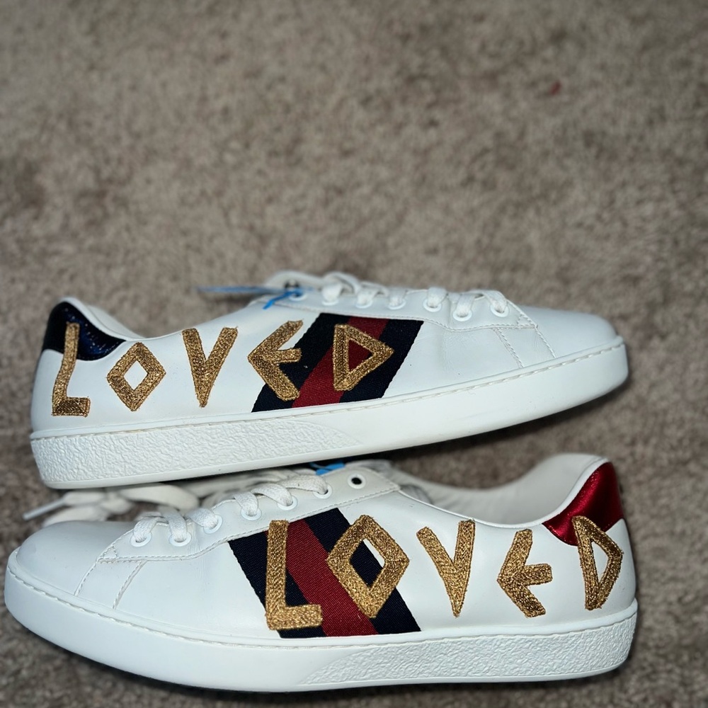 Gucci White and Gold Sneakers with Artistic Design